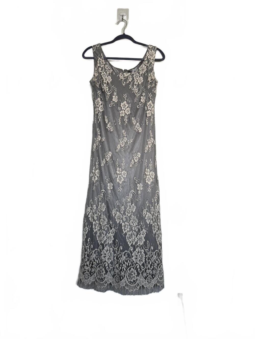 Vintage 90s Romantic Gray Lace Embroidered Maxi Dress Size Small